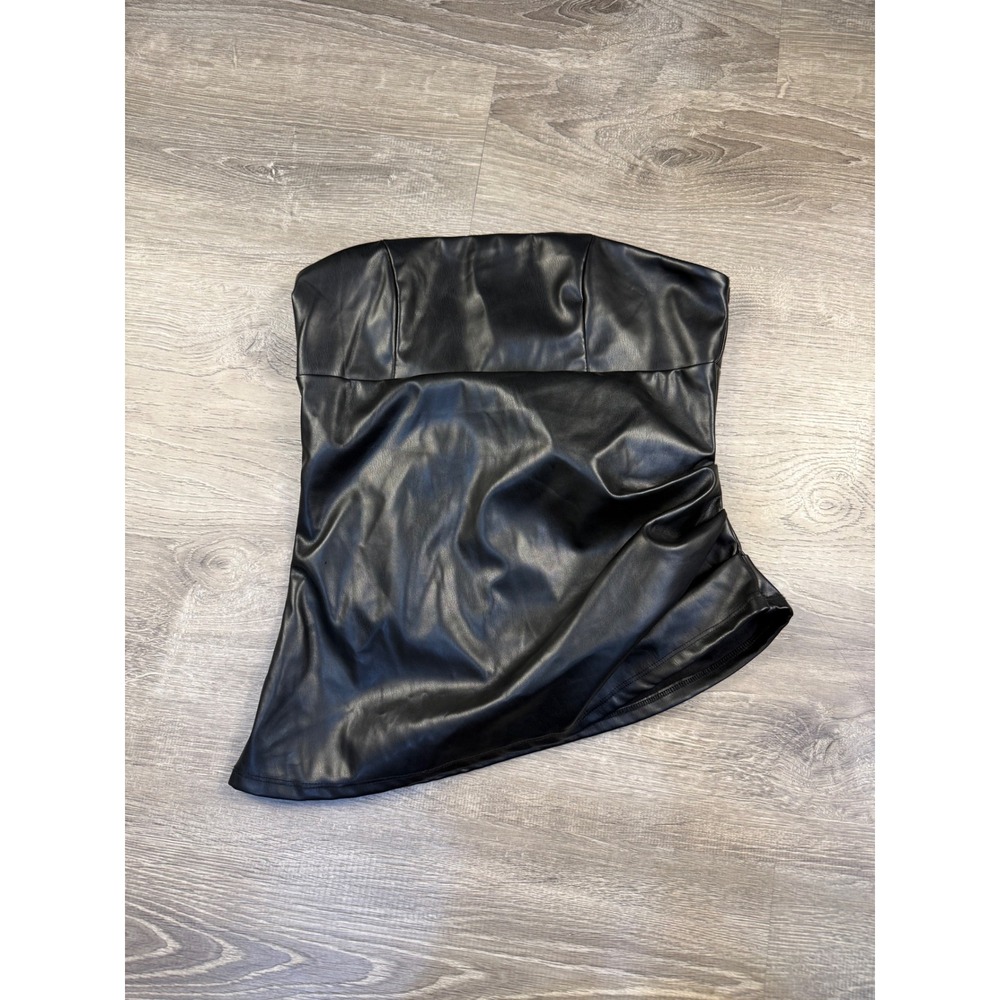 Forever 21 Faux Leather Tube Top Black Asymmetrical Ruched Strapless Bodice M